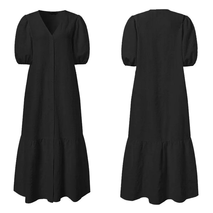 Schwarzes Maxikleid mit Puffärmeln, V-Ausschnitt, Baumwolle, elegant, Damenmode.