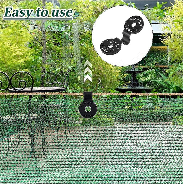 Black round clips hold green shade netting on a rope beside patio chairs, with an inset showing the clip opened flat.