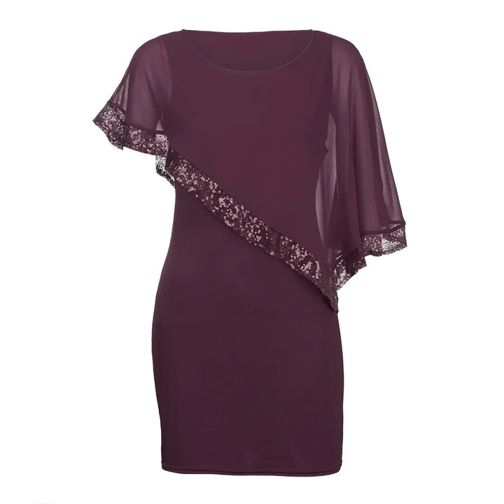 Bordeauxfarbenes Kleid mit Spitze, asymmetrischem Design, elegantes Abendkleid, Damenmode.