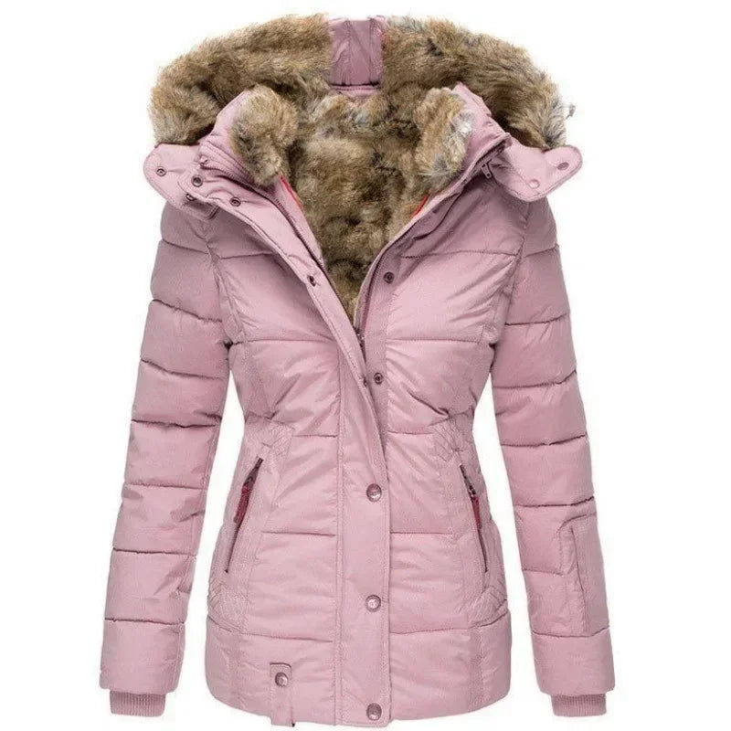 Pastel pink quilted parka with fur-trimmed hood, front view, snap closure down the front 6