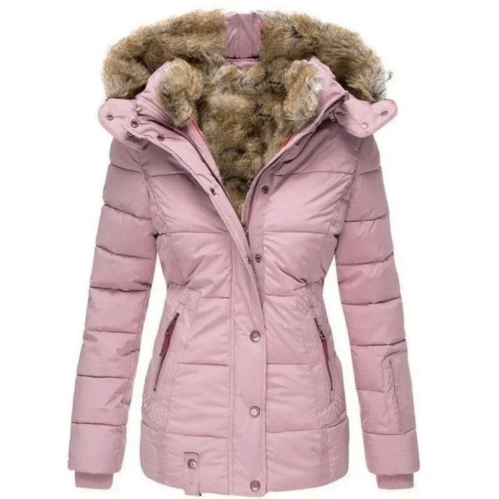 Pastel pink quilted parka with fur-trimmed hood, front view, snap closure down the front 6