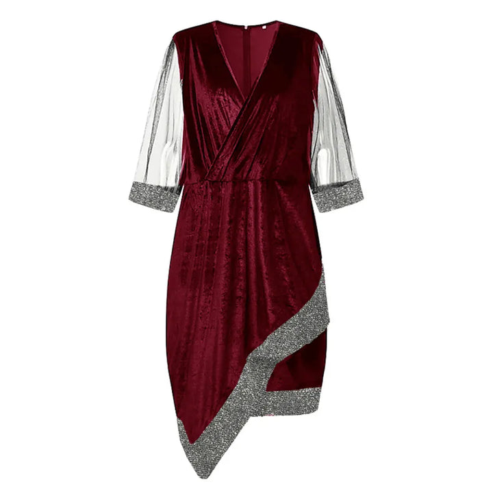 Bordeauxrotes Samtkleid mit silbernen Ärmeln, asymmetrischem Saum, elegantes Abendkleid.
