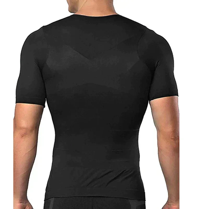 Back view of a man wearing the black compression top, showing the smooth fitted back and short sleeves. 5