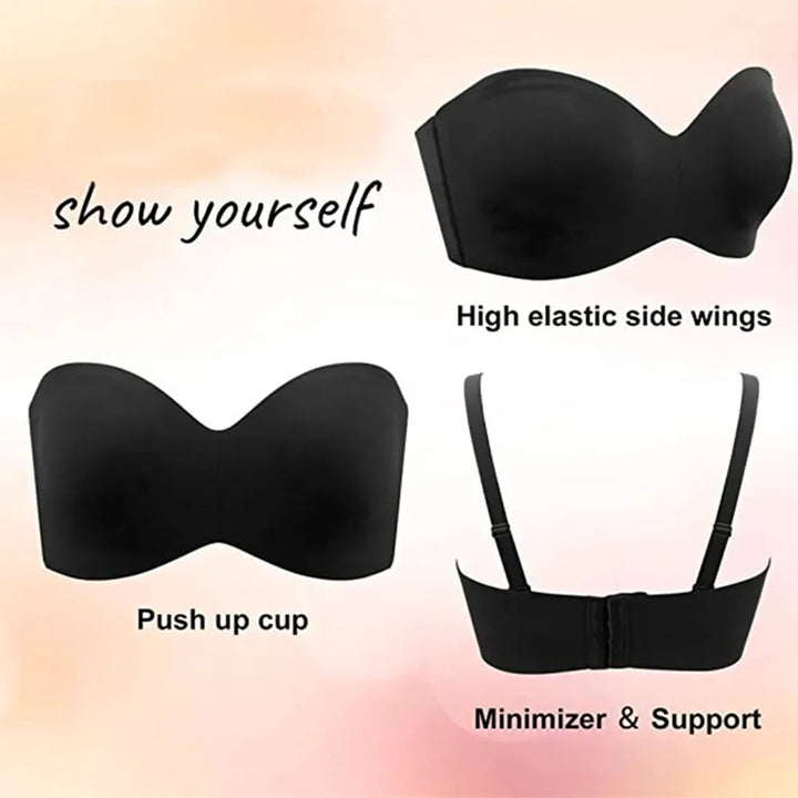 Schwarzer trägerloser BH, Push-up, elastische Seitenflügel, Minimizer, Unterstützung.