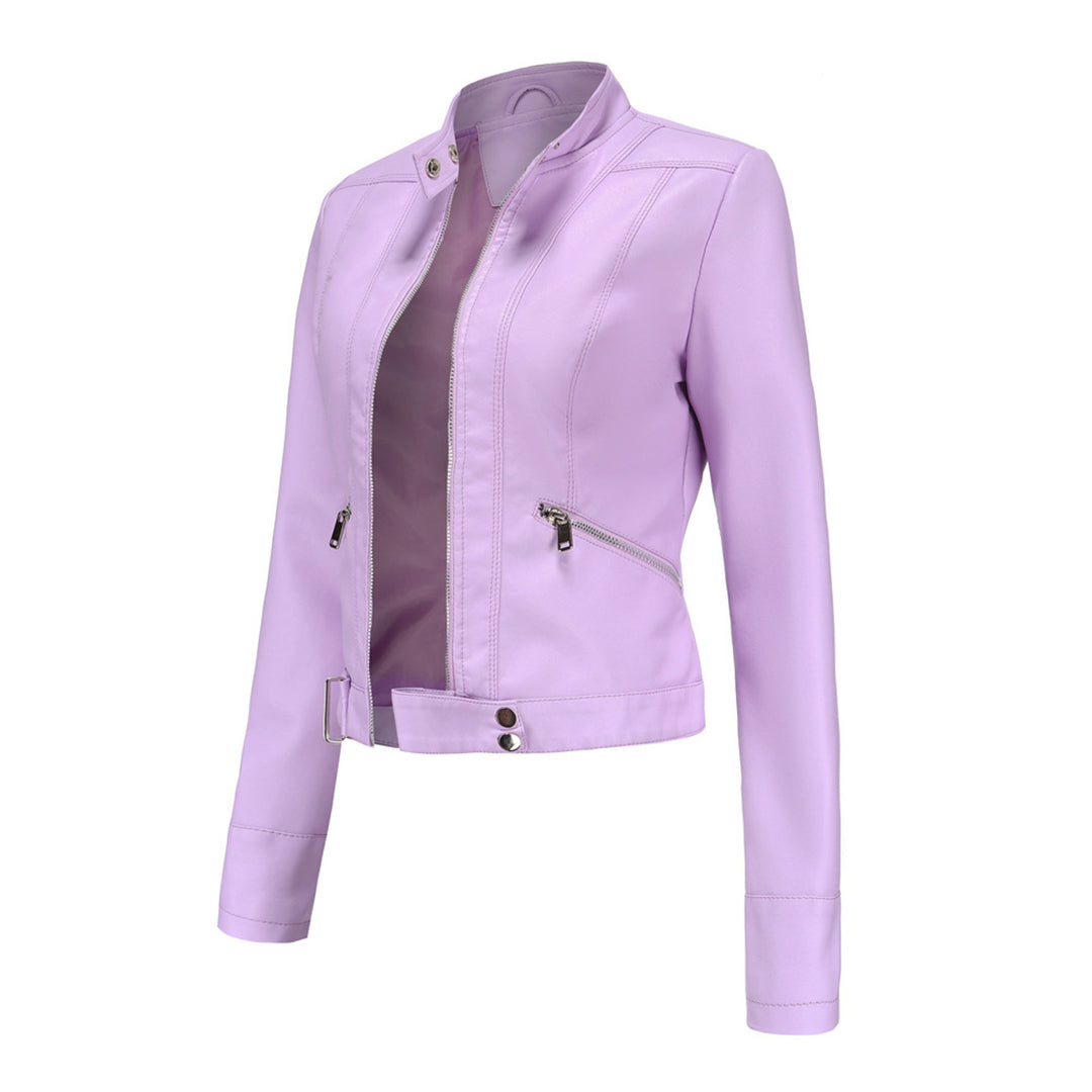 Light lilac cropped jacket in three-quarter view, open at the front, showing the angled zip pocket and waist buckle. 13