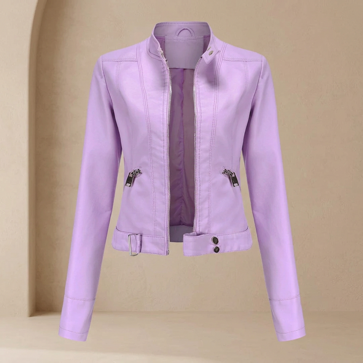 Light lavender jacket displayed against a beige arched backdrop, unzipped to show the lining 8