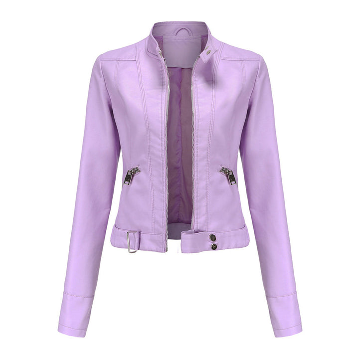 Light lilac cropped jacket, front view on white, open zipper, snap collar, waist tab, zip pockets 4