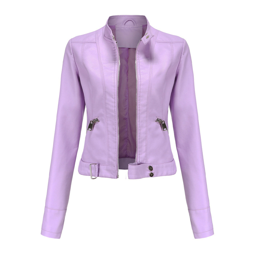Front view of the light lilac version, unzipped, showing collar snaps, zip pockets and belted hem 3
