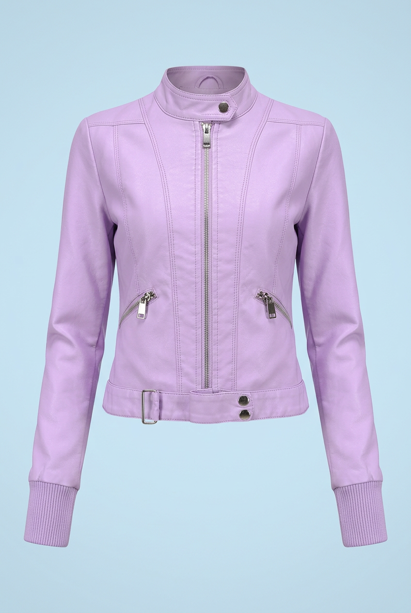 Front view of the lilac jacket zipped closed, with ribbed knit cuffs, slanted zip pockets and belted hem 4