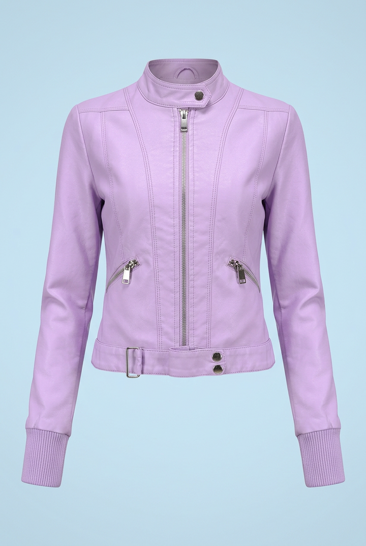 Front view of the lilac jacket zipped closed, with ribbed knit cuffs, slanted zip pockets and belted hem 4
