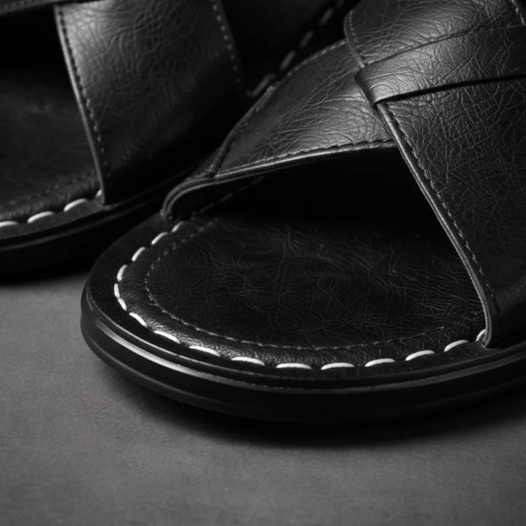 Close-up of the black sandal's toe area showing the textured strap surface, padded footbed and white edge stitching. 8
