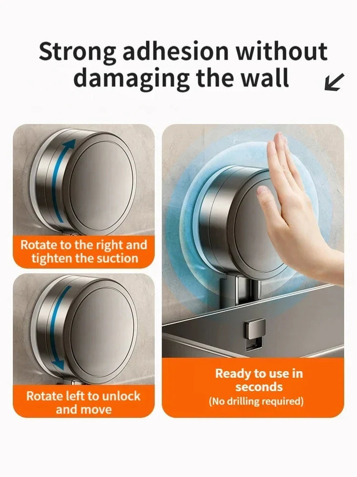 Gray metal suction cup bathroom shelf detail showing the suction mount being tightened and pressed on