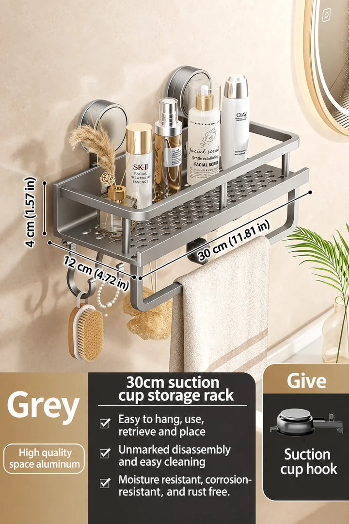 Gray metal suction cup bathroom shelf another view with size dimensions, bottles, a towel and a brush