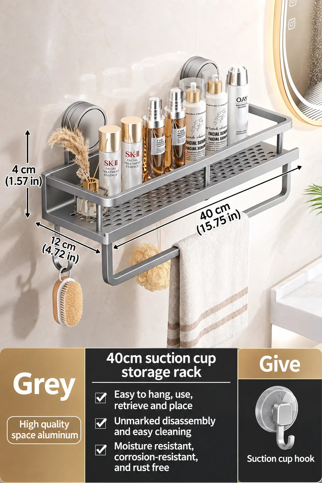 Gray metal suction cup bathroom shelf another view with size dimensions, bottles, a towel and a hook