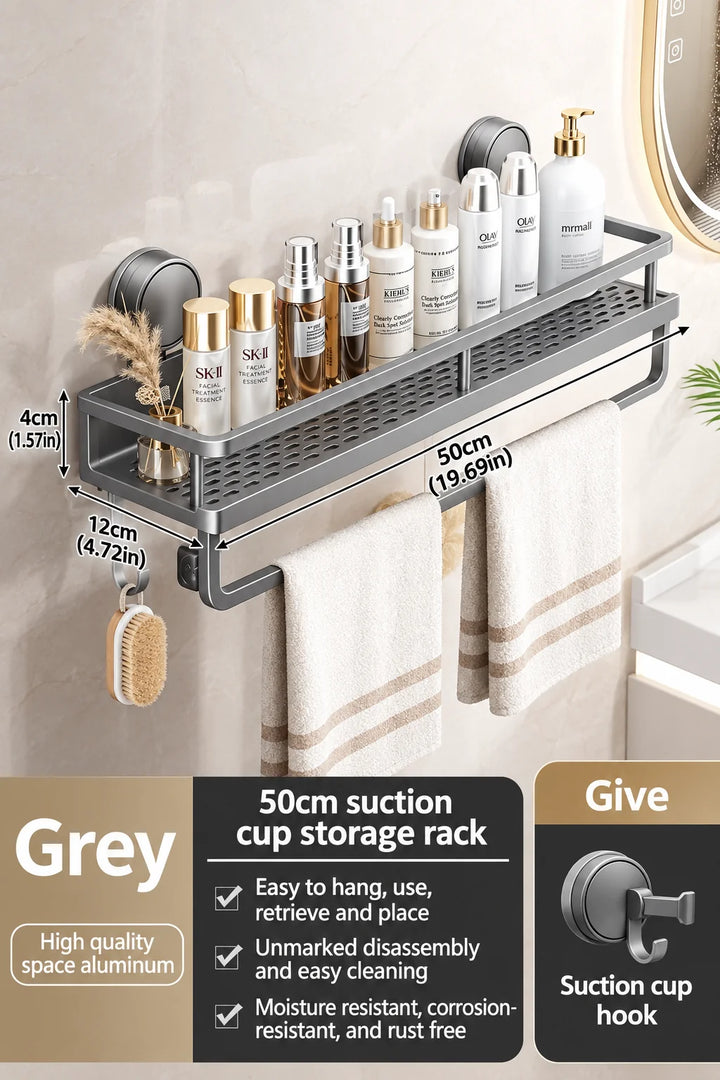 Gray metal suction cup bathroom shelf another view with size dimensions, bottles and striped towels