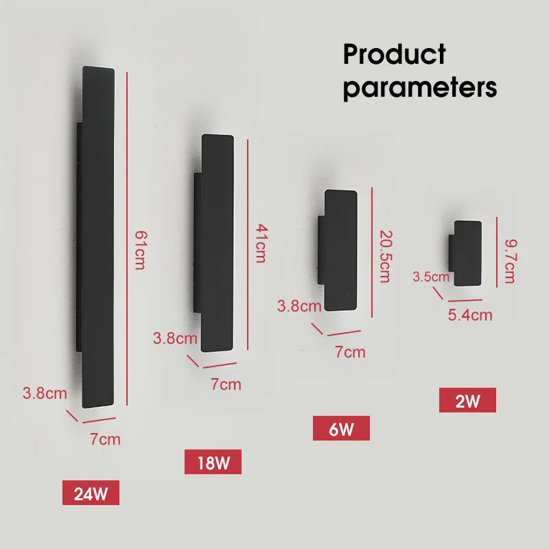 Size comparison graphic showing four black wall light models with dimensions and wattage labels.