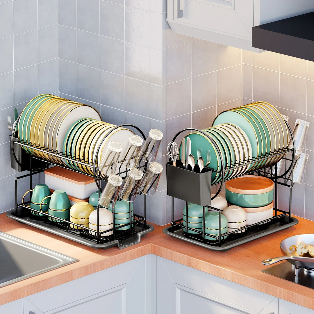 2-Tier Dish Drying Rack with Drainboard & Cutlery Holder – Aria
