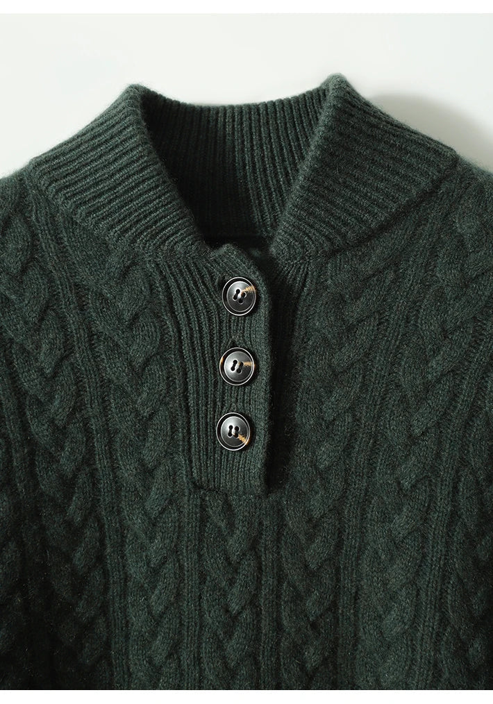Close-up of the dark green sweater's ribbed collar and three horn buttons on the placket, with the cable-knit texture around it. 19