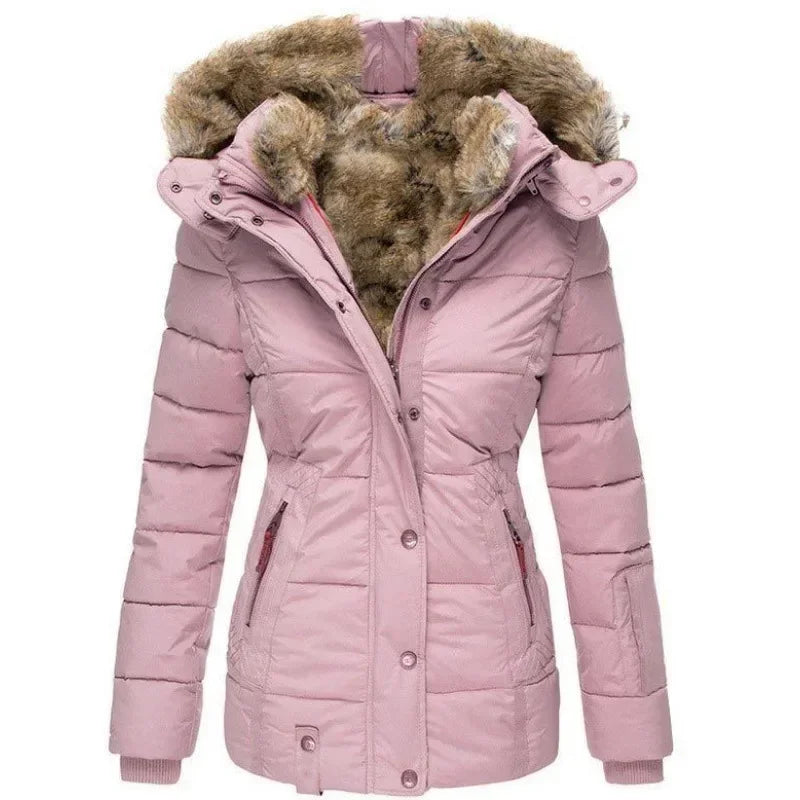 Light pink padded parka with fur-lined hood, front view, cinched waist and zip pockets 8
