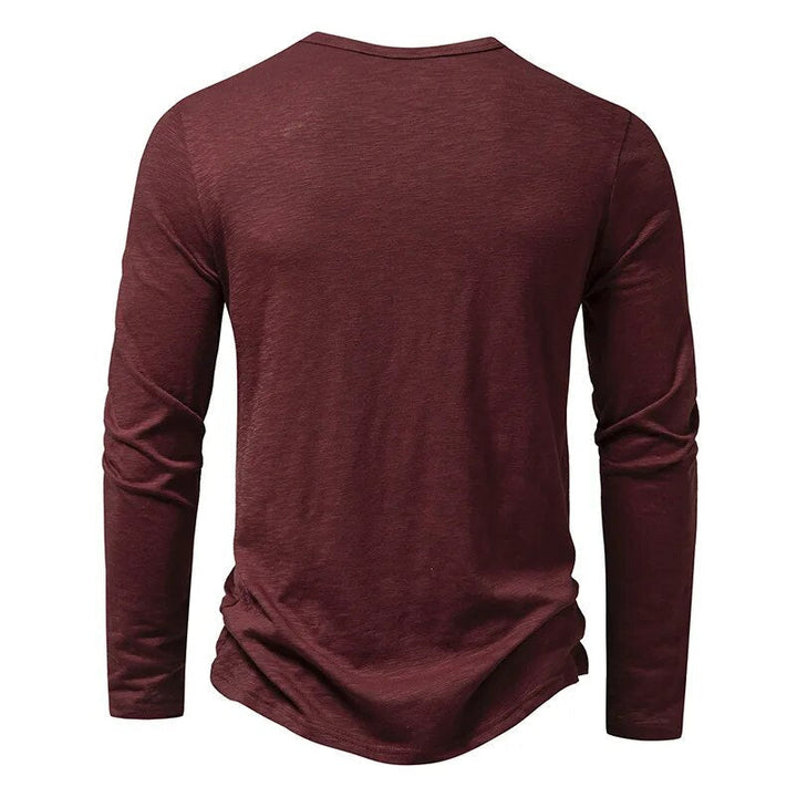 Back view of the burgundy long-sleeve Henley with plain back and round neckline 13