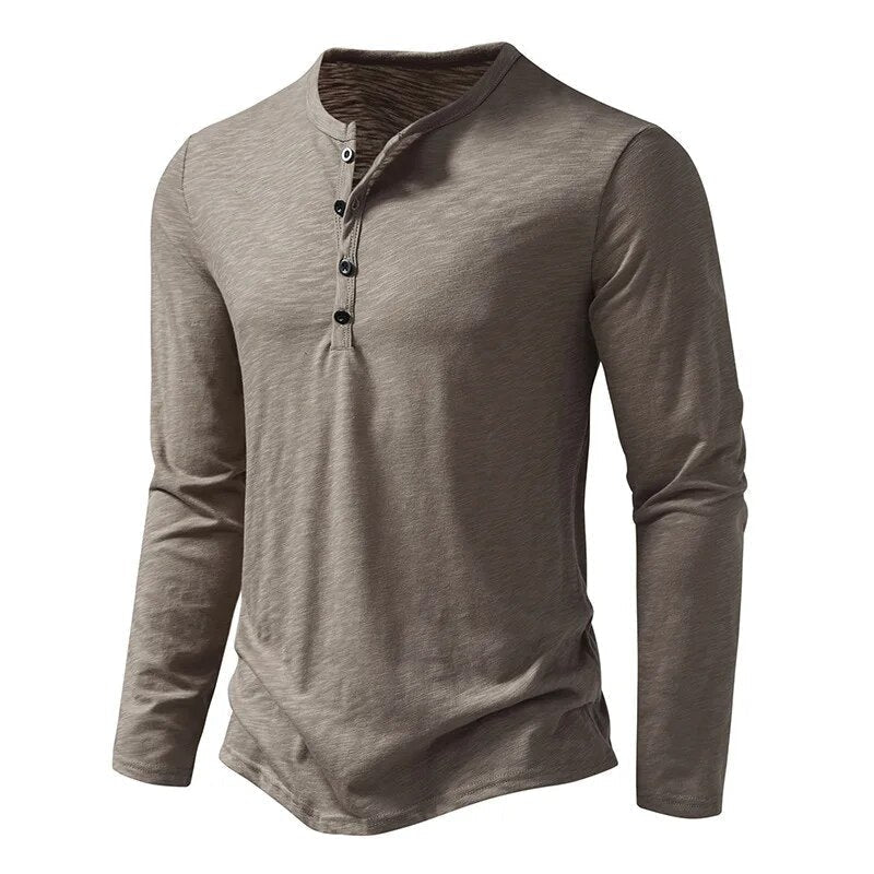Angled front view of the taupe long-sleeve Henley showing the button placket and relaxed drape 2