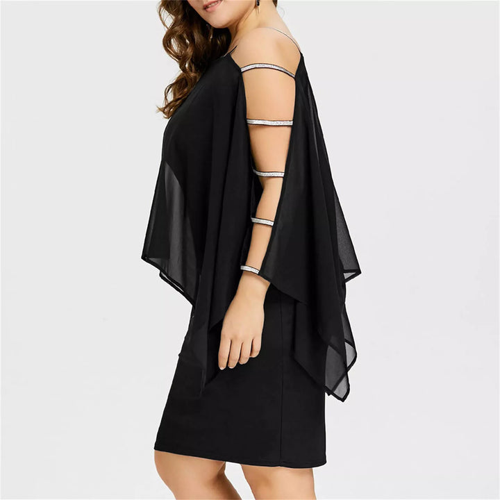 Schwarzes schulterfreies Kleid mit transparenten Ärmeln, elegantes Damenmode-Outfit.