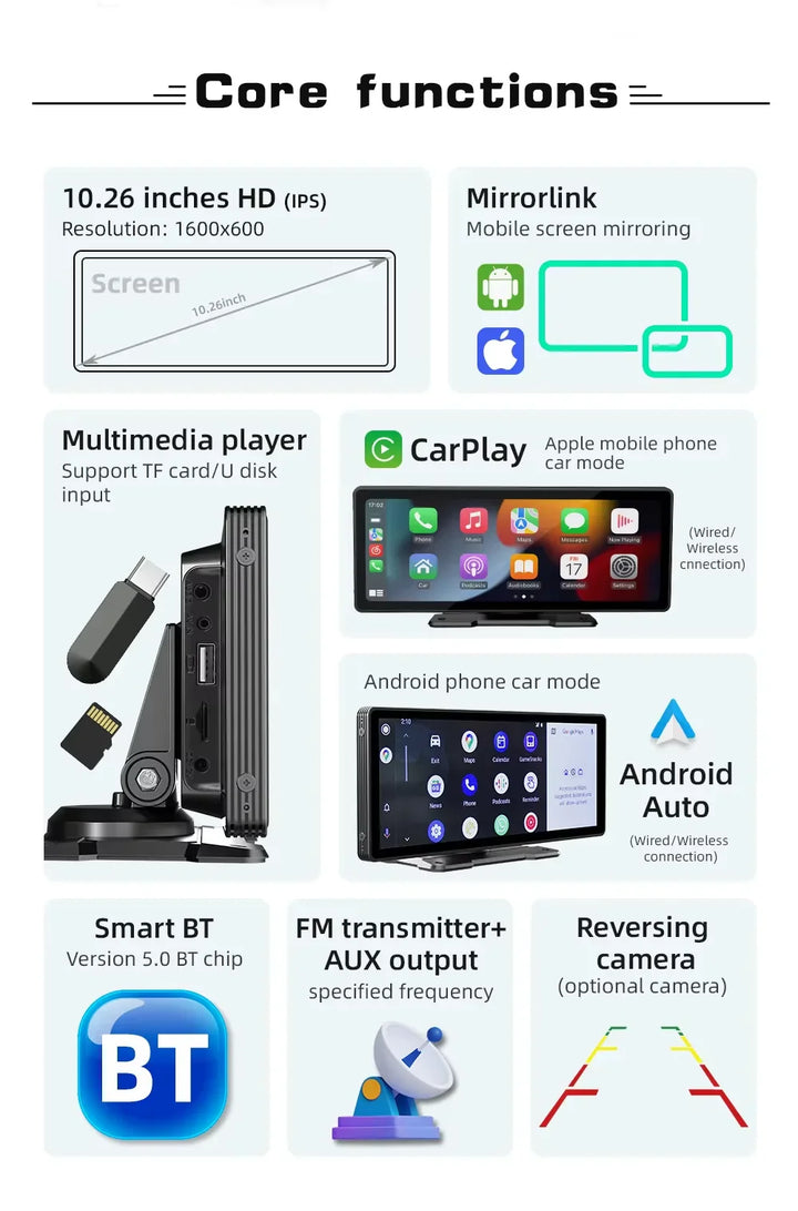 Universal 10.26-Inch Car Multimedia Player with Wireless CarPlay and Android Auto