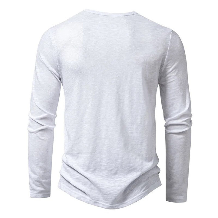 Back view of the white long-sleeve Henley with plain back and curved hem 11