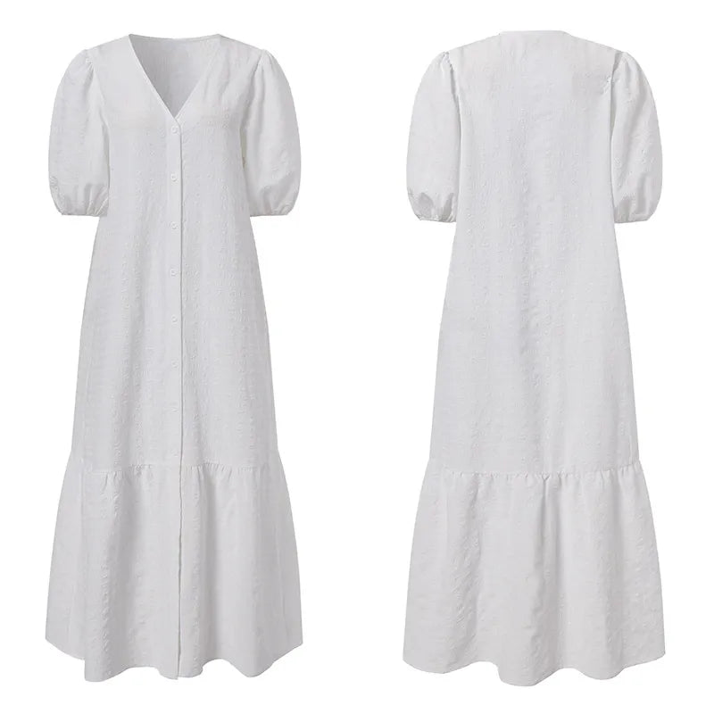 Weißes Damenkleid mit Puffärmeln, V-Ausschnitt, Knopfleiste, Sommermode, Baumwolle.