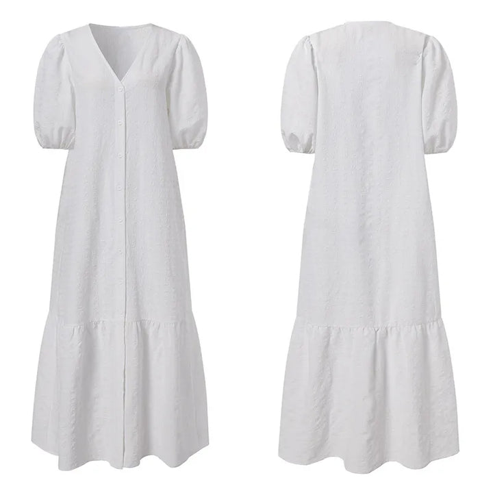 Weißes Damenkleid mit Puffärmeln, V-Ausschnitt, Knopfleiste, Sommermode, Baumwolle.