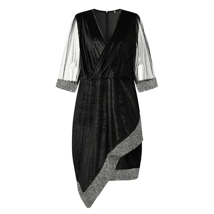 Schwarzes Samtkleid mit silbernen Ärmeln, asymmetrischem Saum, elegantes Abendmode Damen.
