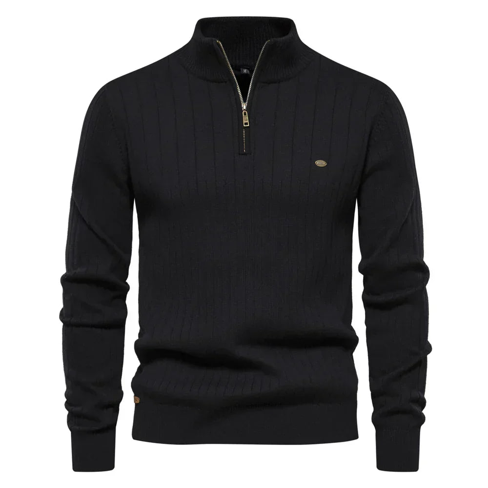 Men's cotton knit sweater with zipper & stand-up collar – Ardel
