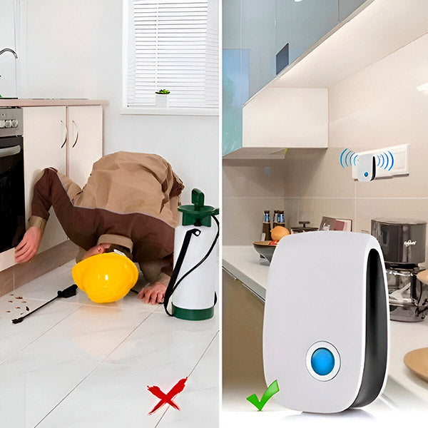 Side-by-side comparison: a person crouched on a kitchen floor with a chemical sprayer marked wrong, and the plug-in repeller on a kitchen wall marked right. 2