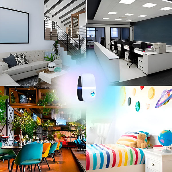 Collage of a living room, office, restaurant and child's bedroom with the small repeller glowing at the center, showing where it can be used. 3