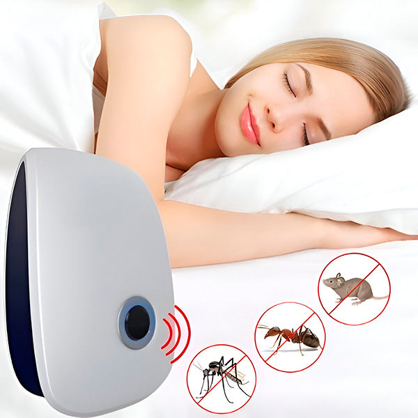 Woman sleeping peacefully in bed beside the repeller, with sound waves and crossed-out mosquito, ant and mouse icons. 4