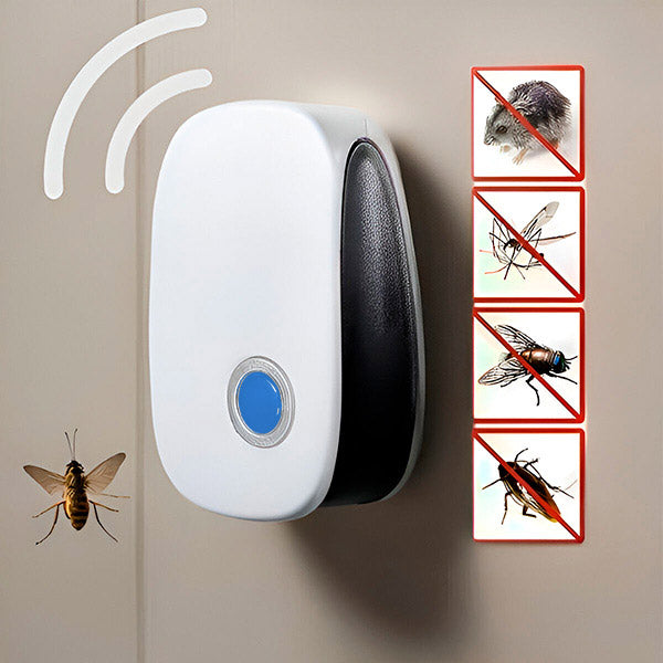 Repeller plugged into a beige wall with sound waves, a wasp nearby, and four crossed-out pest icons of a mouse, mosquito, fly and cockroach. 5