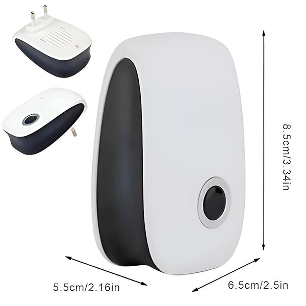 Diagram of the repeller from the front with its dimensions marked, plus two small angled views showing the plug side and the vents. 6