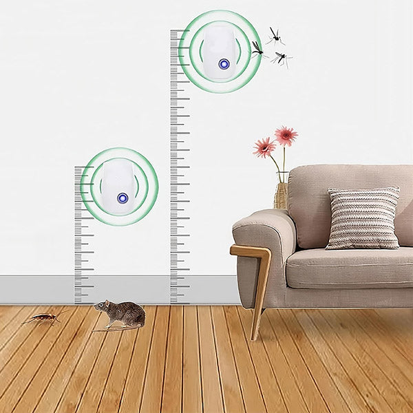 Illustration of two repellers at different wall heights beside a ruler scale, with green rings around them, a mouse and cockroach on the wooden floor, and a sof 7