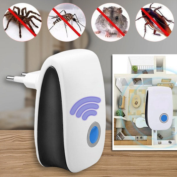 White and black plug-in repeller with a blue button and wave icon, with crossed-out spider, mosquito, mouse and cockroach and a room floor plan inset. 1