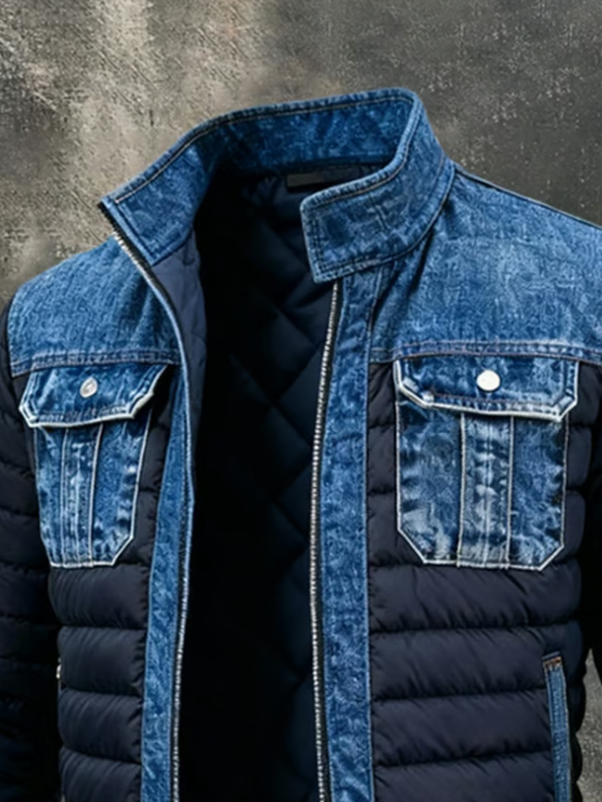 Men's blue quilted denim jacket detail showing the stand collar, flap chest pockets and quilted lining.
