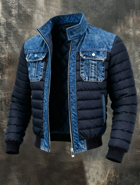 Men's blue quilted denim jacket front view with stand collar, chest pockets and ribbed cuffs and hem.