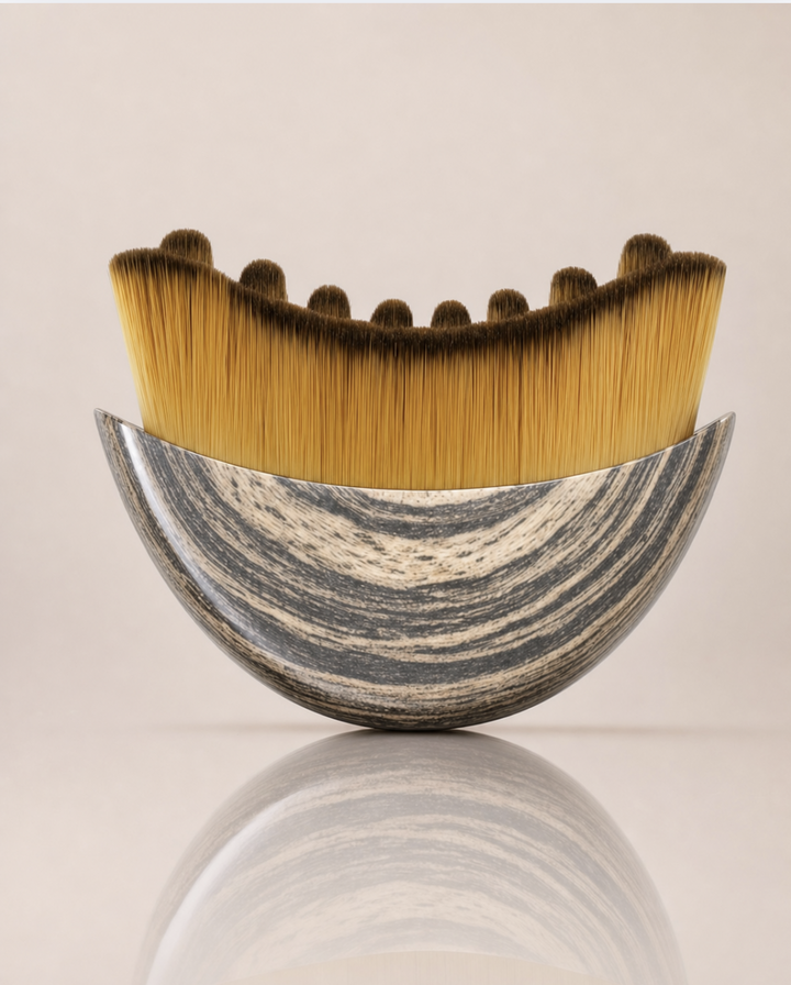 Curved facial massage brush with golden soft bristles and a scalloped top edge, set in a glossy gray and cream marbled handle.