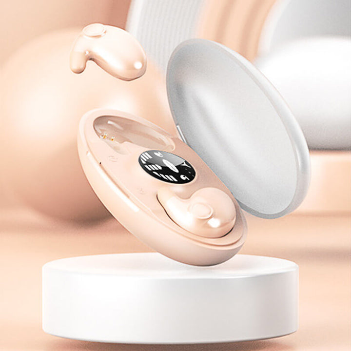 Blush pink charging case with lid open and one earbud above and one inside, another view.