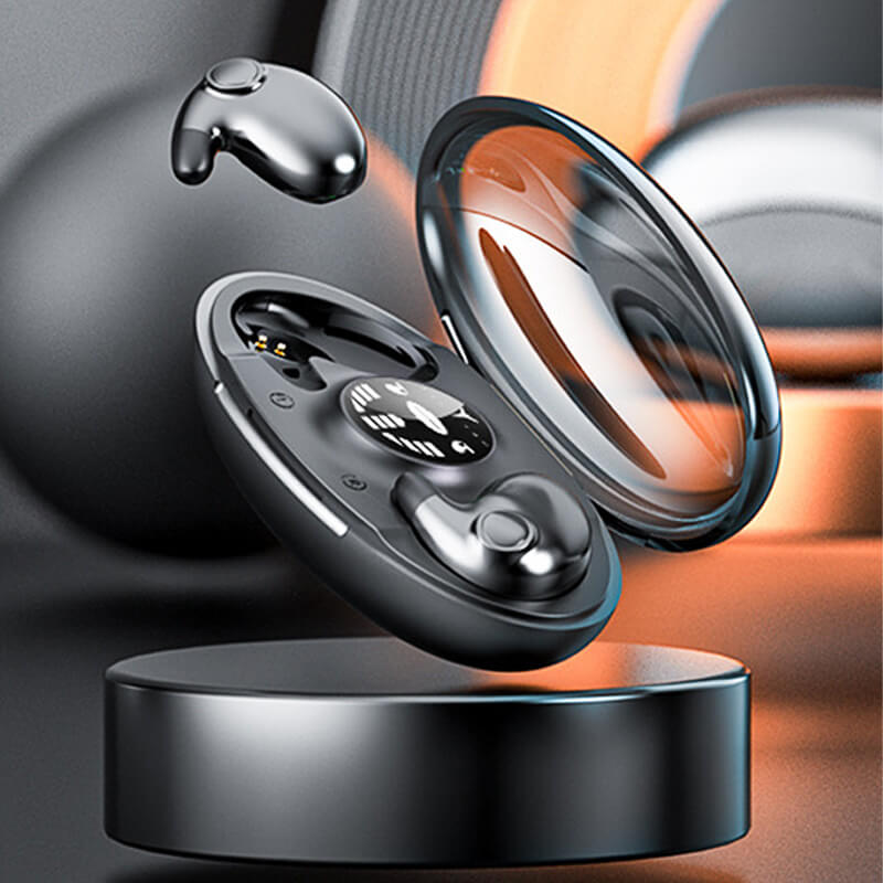 Black charging case with lid open and one earbud above and one inside, detail.