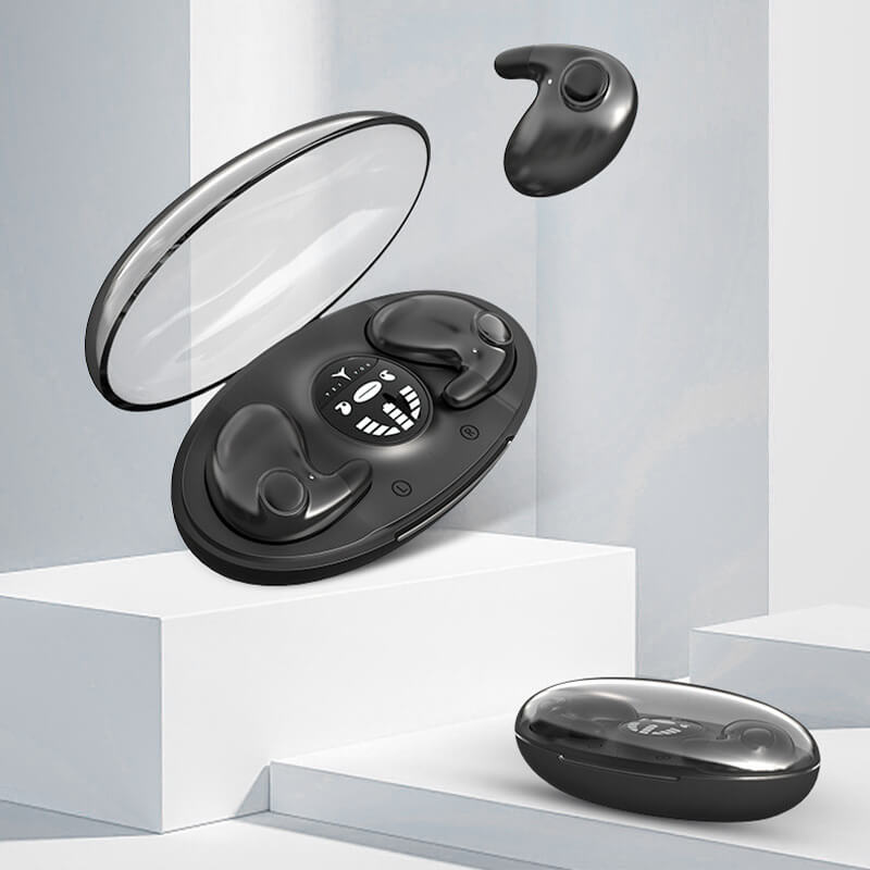 Black charging case with lid open and earbuds inside, another view.