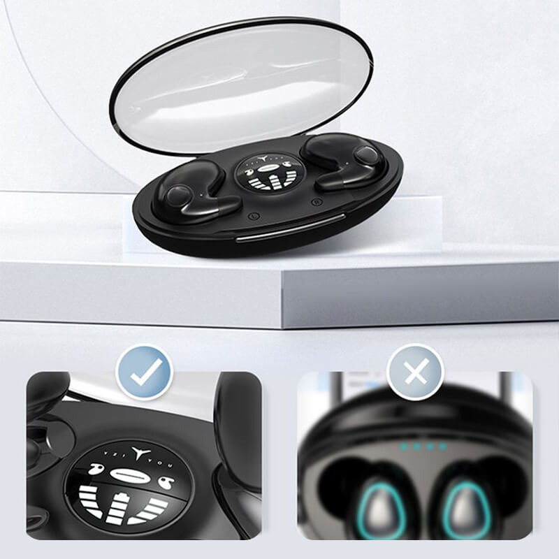Black charging case with lit digital display and earbuds, detail.