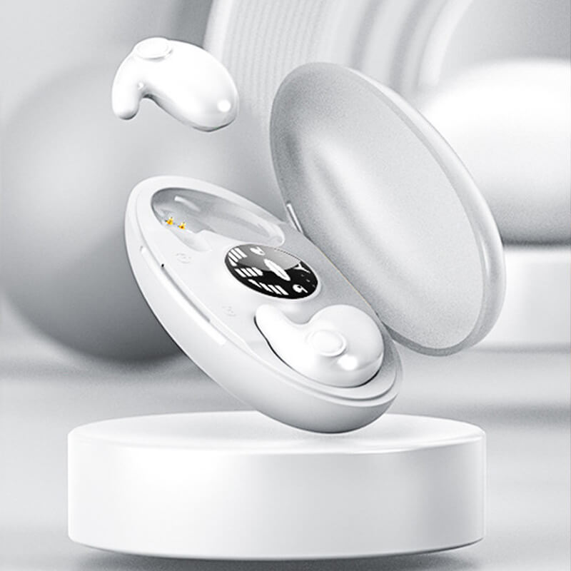 White charging case with lid open and one earbud above and one inside, another view.