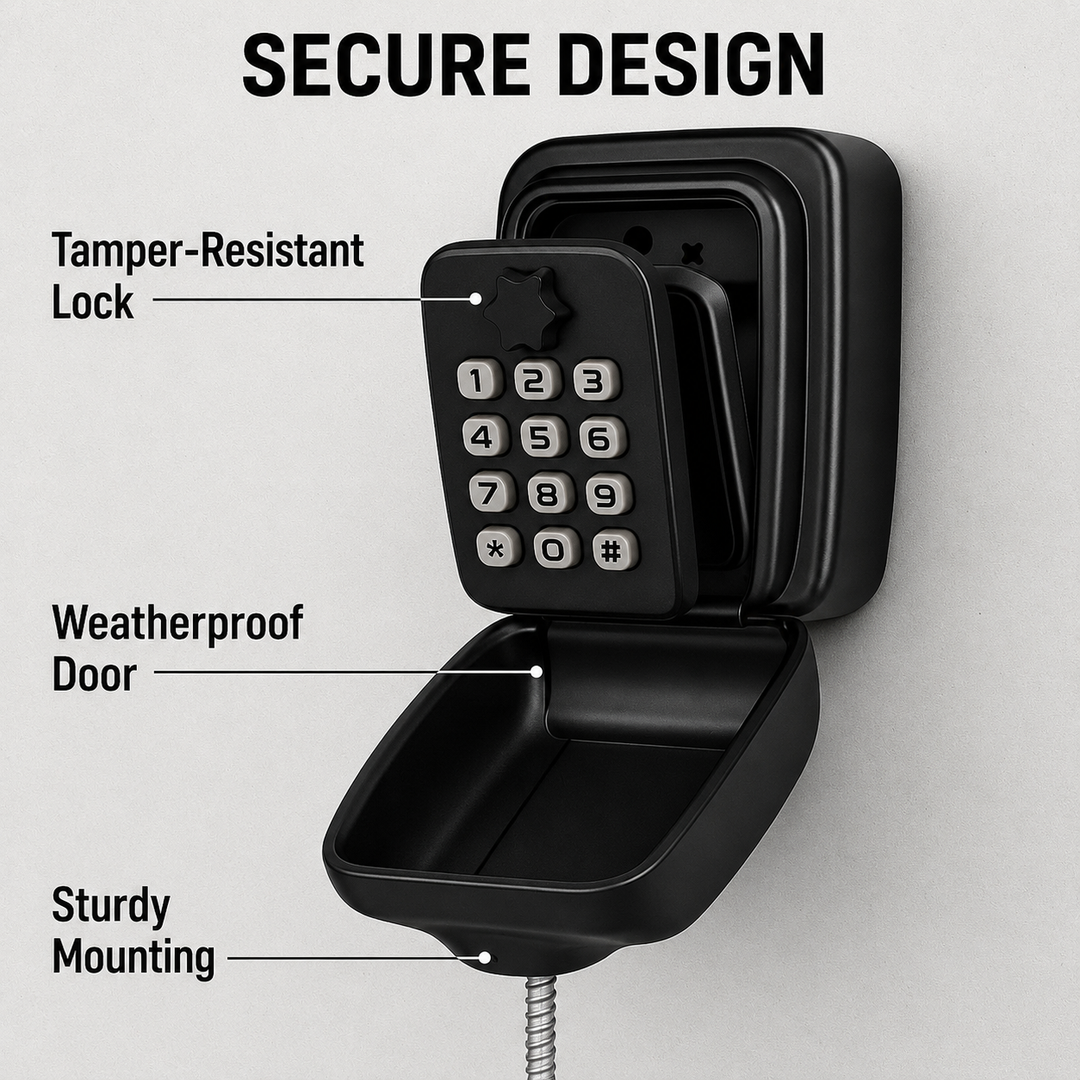 Diagram of the open key safe with labels pointing to the lock dial, the door and a cable at the mounting point. 10