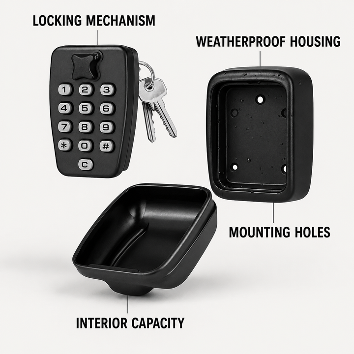 Exploded view of the key safe parts: keypad cover with keys, empty housing with mounting holes, and the open storage compartment. 11