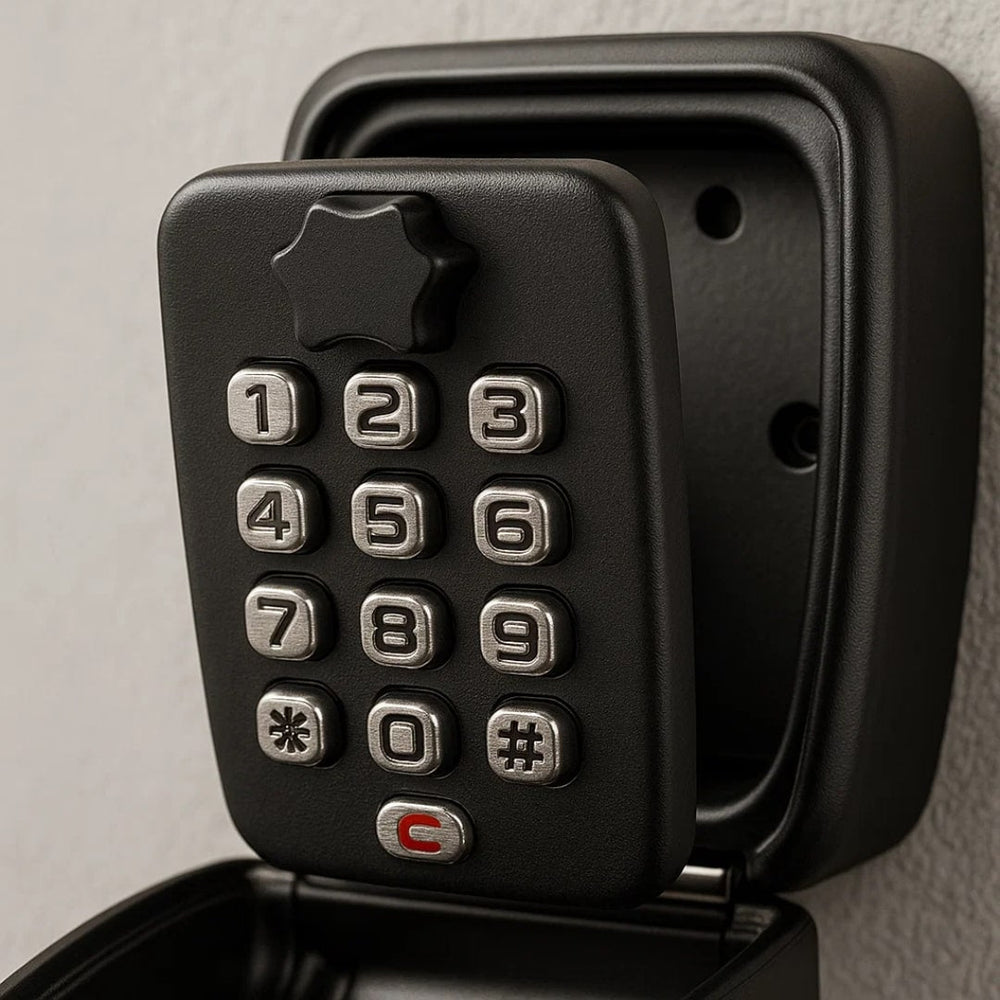 Close-up of the black key safe's metal number keypad, textured dial and clear button, with the cover opened against a wall. 2